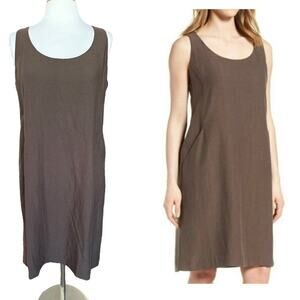 EILEEN FISHER Drapey Tencel Linen Scoop Neck Shift Dress Pockets Brown Small NEW